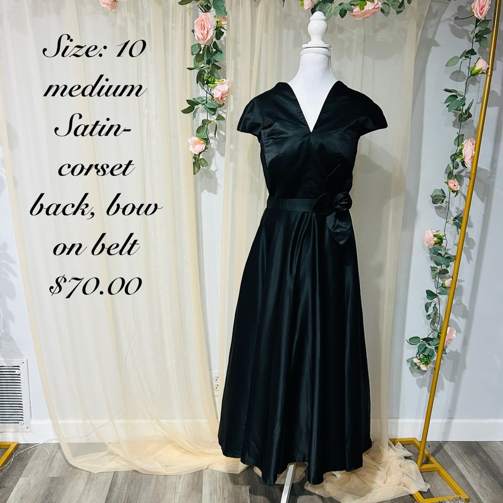 Sophisticated Black Satin Midi Dress with Bow Detail